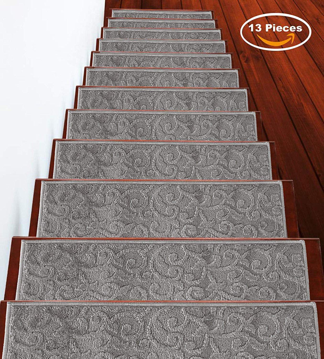 Set of 7 Wool Non Slip Carpet Treads 26" x 9" Black Stair Treads by Rug Depot 