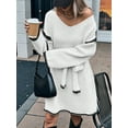 thumbnail image 5 of Tie-Waist Loose Knitted V-Neck Long Sleeved Autumn Dress Contrast Sleeves Pullover Sweater Dress White S, 5 of 9