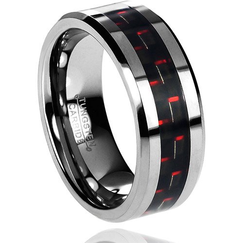 Daxx Men's Tungsten Carbide Black and Red Carbon Fiber Inlay Ring