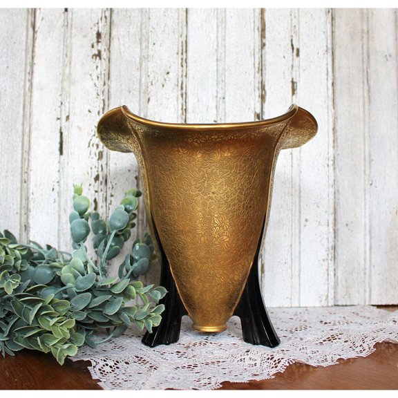 Vintage Gold Encrusted Fan Vase,Mid Century Modern Decor,6.75"W x 7.5"H