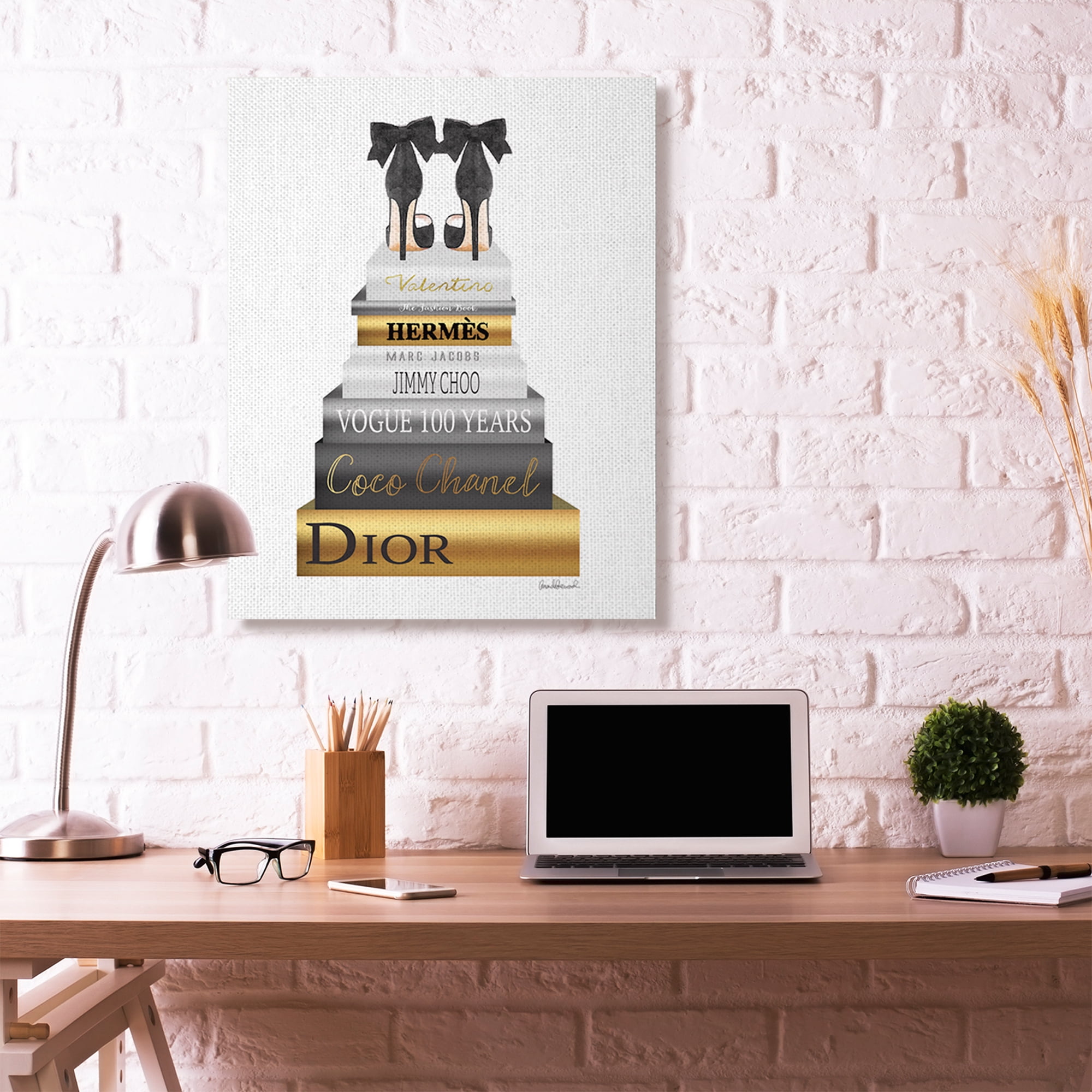 Stupell Industries Fashion Designer Shoes Bookstack Black Gold Watercolor Canvas Wall Art by Amanda Greenwood
