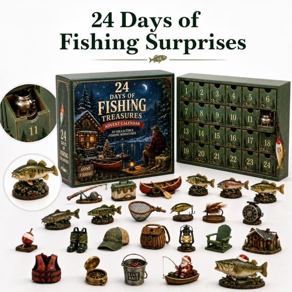 24 Days of Fishing Treasures Advent Calendar 2026, 2D Acrylic Fishing Miniature Ornaments Countdown Surprise Gift Box For Kids Adults Holiday Desktop Display Themed Collection Present