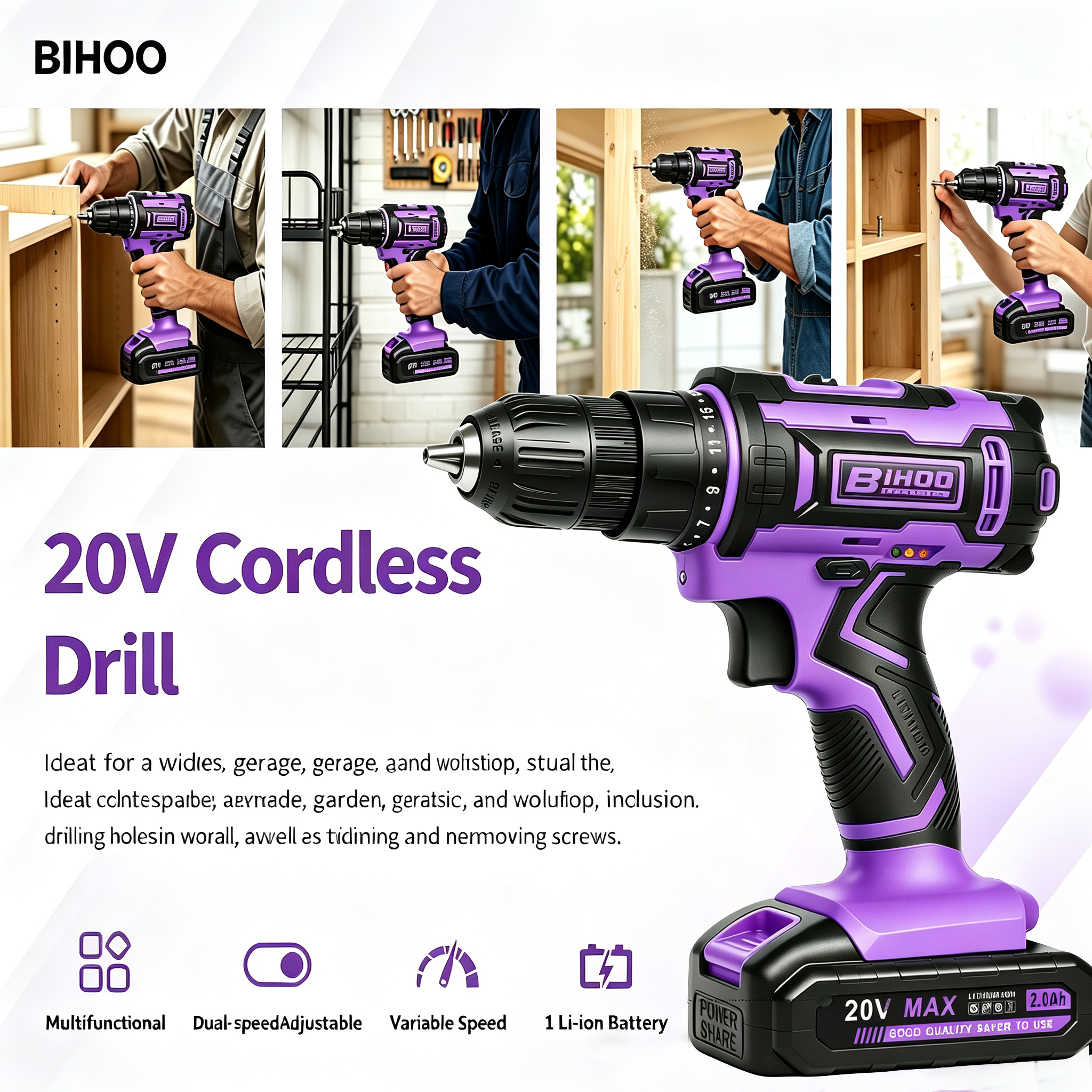 BIHOO 20V Cordless Drill Driver Kit, Purple, for Women photo 6
