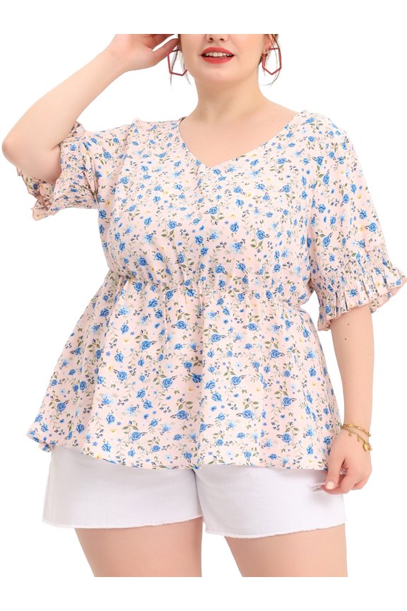 Women's Plus Size Floral Ruffle Smock Sleeve V Neck Babydoll Top