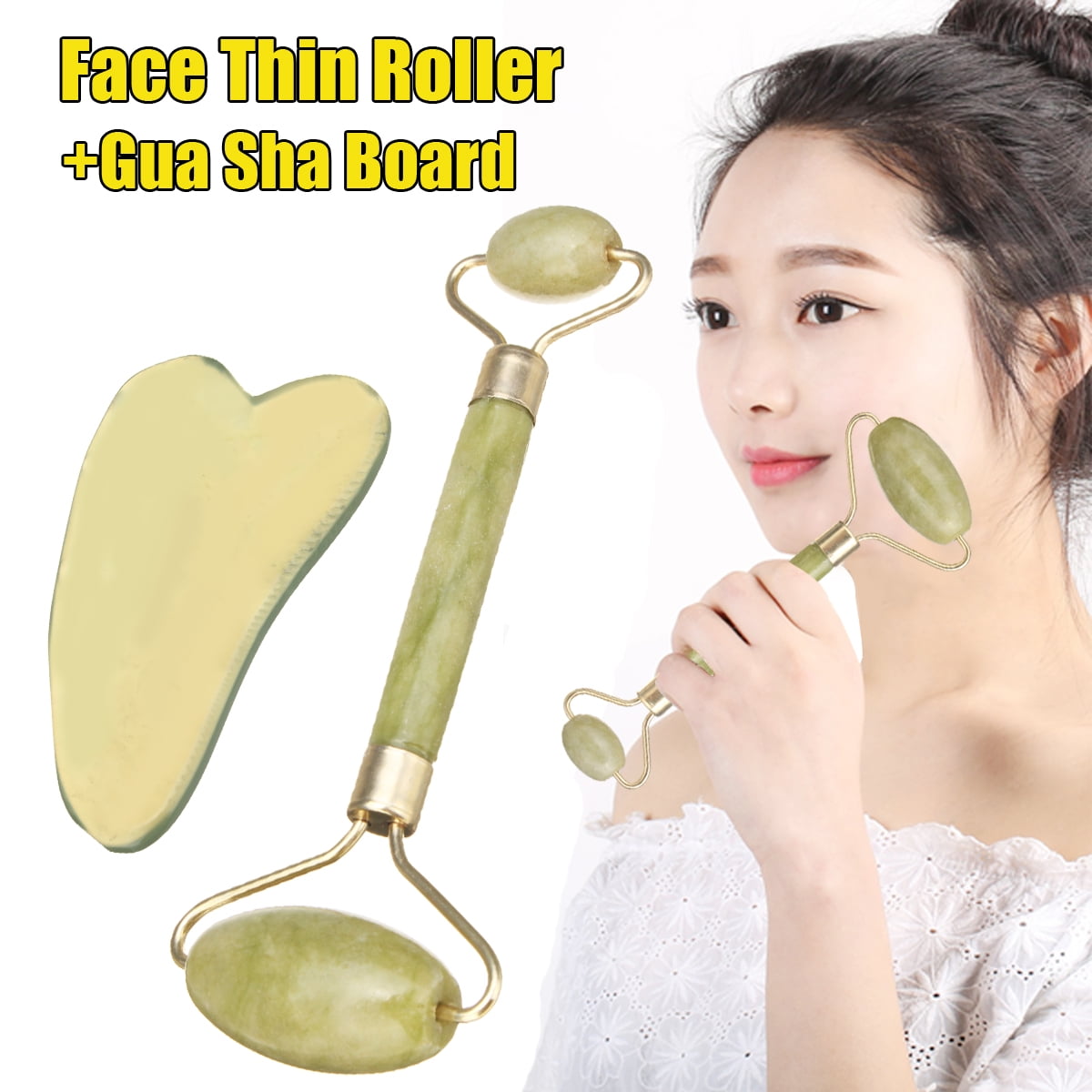 NaturalGuasha facial jade roller face thin+body gua sha board massager-tool`set— 