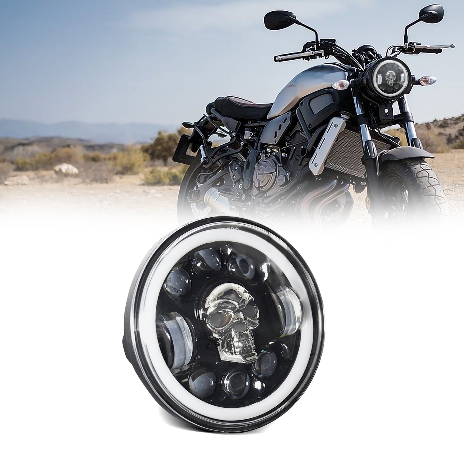Motorcycle Headlight featuring Skull Pattern LED, High/Low Beam, Turn Signal DRL, and Colorful Angle Eye Light