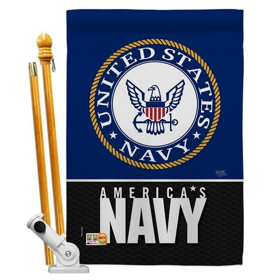 Breeze Decor BD-MI-HS-108408-IP-BO-D-US19-BD 28 x 40 in. America Navy Americana Military Impressions Decorative Vertical Double Sided House Flag Set with Pole Bracket Hardware