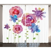 Flower House Decor Curtains 2 Panels Set, Watercolors Illustration Of Different Kinds Of Flowers Boho Style Pattern, Living Room Bedroom Accessories, By Ambesonne