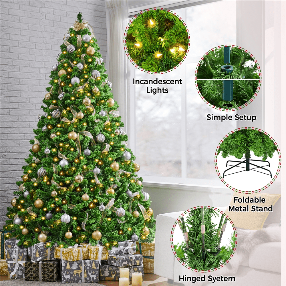 Renwick 7.5Ft Pre-lit Flocked Artificial Christmas Tree with 550 Incandescent Warm Lights, Pure Green