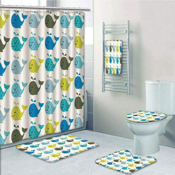 PRTAU Nursery Colorful Whales Dotted Squared Lined Animals 5 Piece Bathroom Set Shower Curtain Bath Towel Bath Rug Contour Mat and Toilet Lid Cover