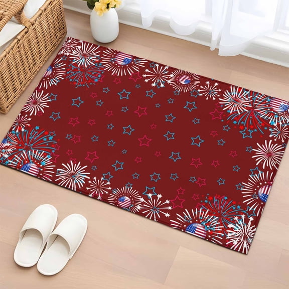 Bathroom Rugs 2x3 Ft, Independence Day Non Slip Area Rugs for Kitchen Bedroom Entryway, Red Fireworks Blue Stars Sparklers US Flag Washable Carpet Runner Rug Floor Mats for Bedroom Home Decor