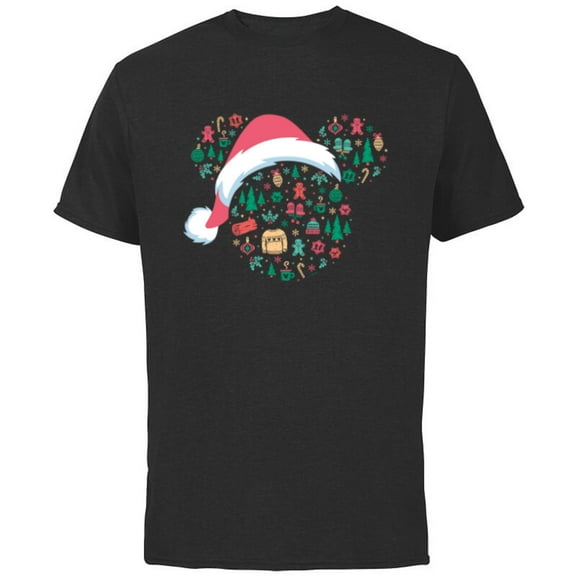 Disney Mickey Mouse Head Icon Christmas Holiday Santa Hat - Short Sleeve Cotton T-Shirt for Adults - Customized-Black