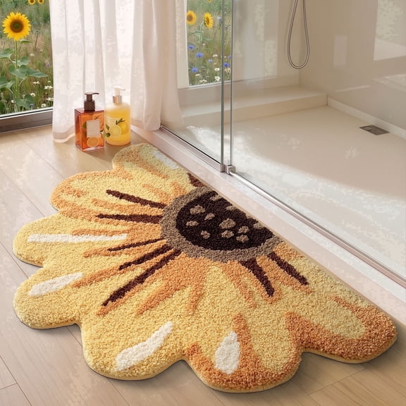 FRABE Floral Bath Mat, Sunflower Bathroom Rug, Non-Slip, Absorbent, Soft Plush Fluffy Yellow Bath Mat, Bedroom, and Living Room, 24x43