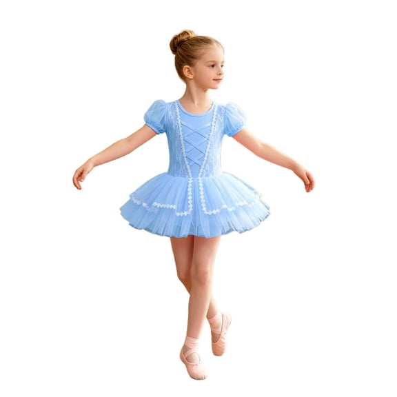 Lullu Girls Ballet Tutu Dress Lace Puff Sleeve Leotard Dancewear, Sizes 3-16