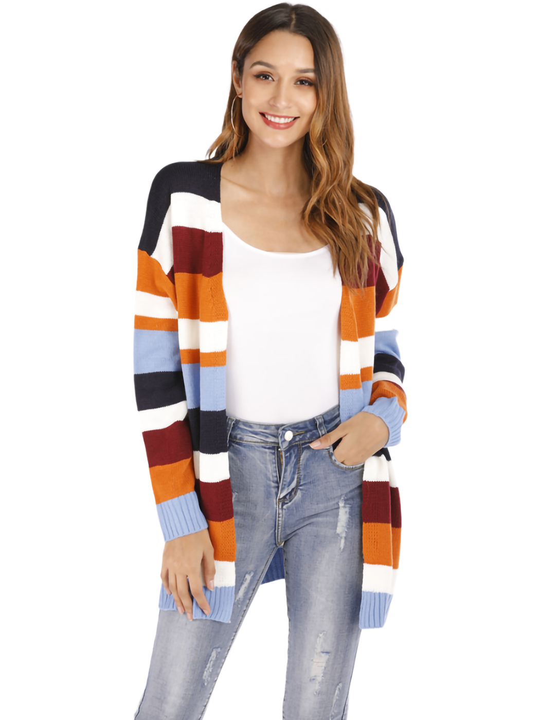 Women Striped Cardigan Knitted Kimono 