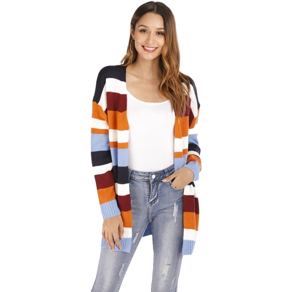 Women Striped Cardigan Knitted Kimono Long Sleeve Open Front Sweater, Orange, Large