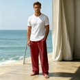 thumbnail image 6 of Dwellite Cotton Linen Pants for Men Casual Drawstring Loose Fit Summer Beach Pants Lightweight Trousers with Pockets Deep Red M, 6 of 6