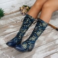 thumbnail image 2 of Rokment Vintage Embossed Mid Calf Combat Boots for Women Ethnic Casual Leather Patchwork Chunky Block Low Heels Lace up Knee High Tall Dress Booties, 2 of 6