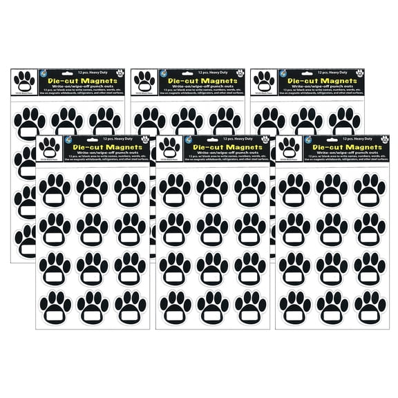 Ashley Productions Die-Cut Magnetic Black Paw Prints, 12 Per Pack, 6 Packs