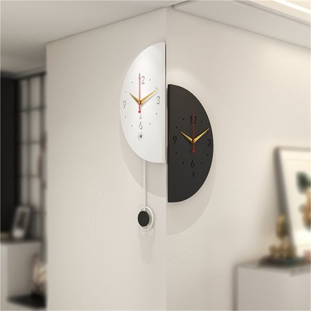 Double Sided Corner Wall Clock, Corner Modern Wall Clock, With Pendulum, Creative Semi-Circular, Silent Quartz Movement for Living Room Bedroom Kitchen Office Decor
