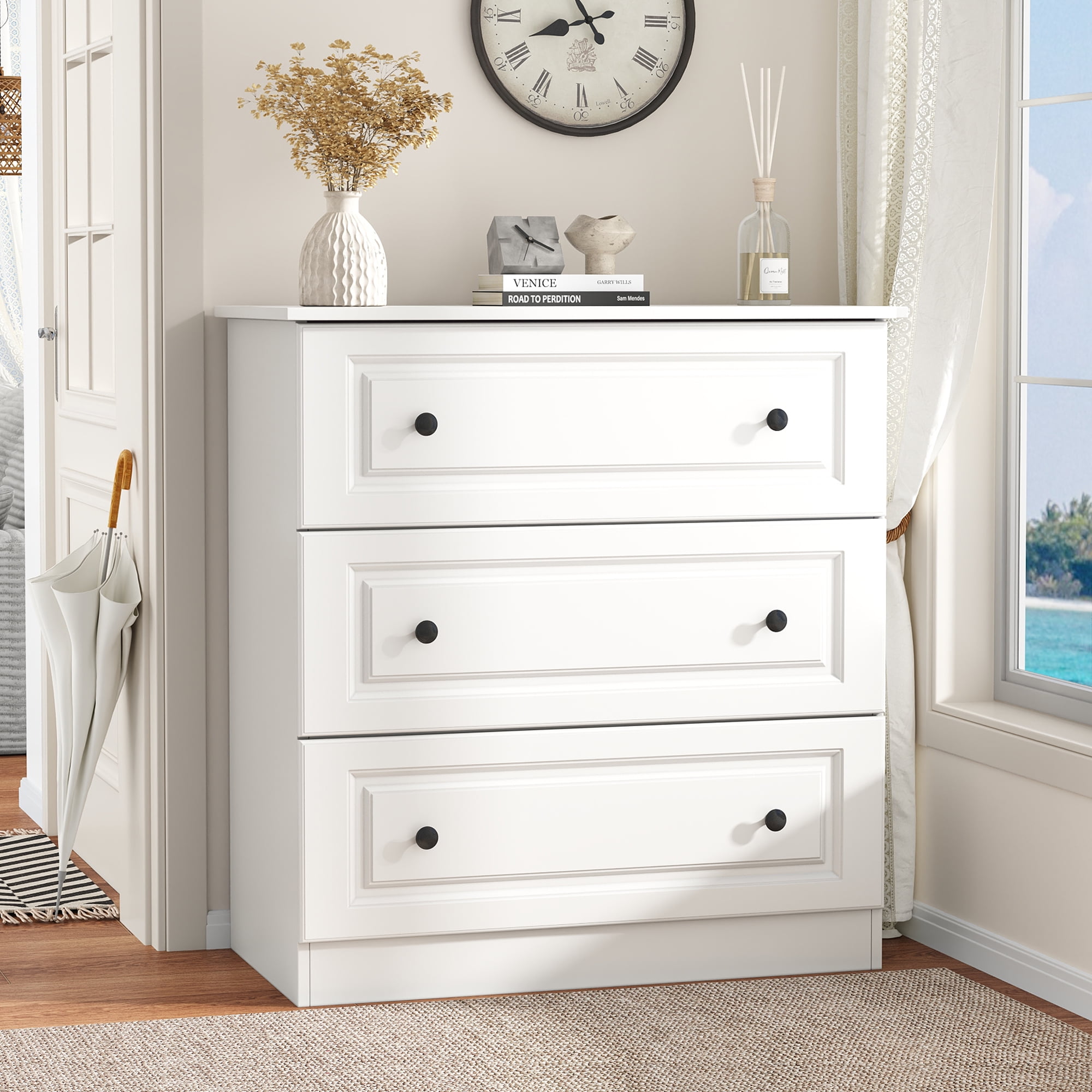 3 Drawer Dresser for Bedroom, White Storage Chest for Home Office & Kids Room, Space Saving Furniture with Smooth Gliding Drawers, Modern Narrow Organizer