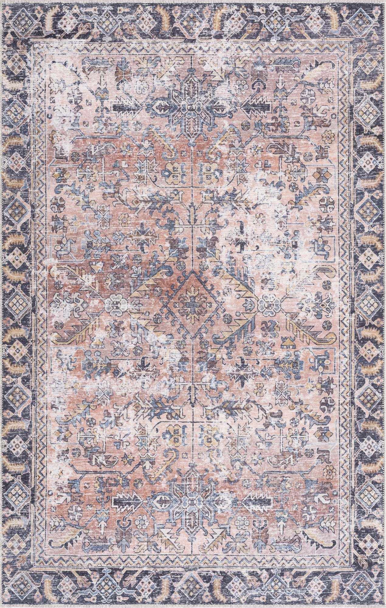 Hauteloom Holli Collection Urmia - Machine Washable Oriental Living Room Kitchen Bedroom Dining Room Area Rug - Abstract Vintage Distressed Boho Style - Pink, Blue, Burgundy - 5'x7'6"
