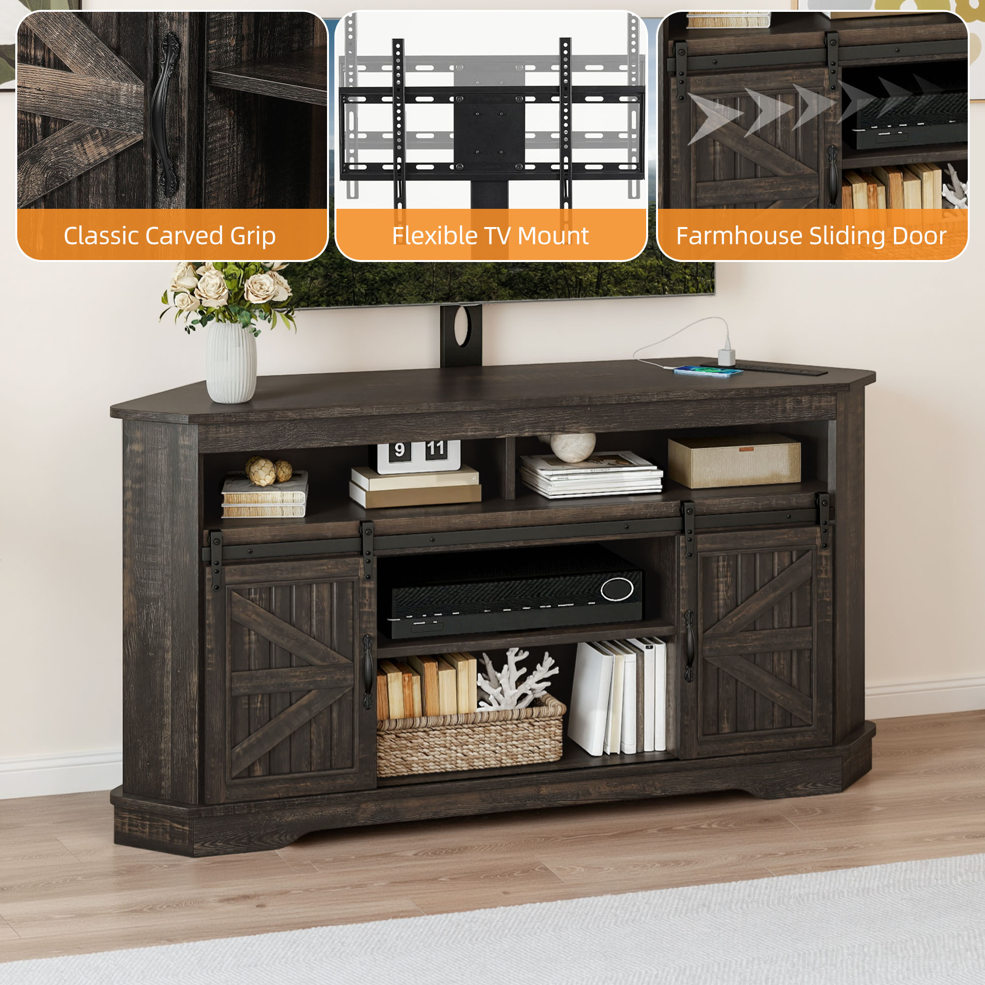 Craftian TV Stand for 70" TV with Mount, Farmhouse Entertainment Center with Power Outlets & Sliding Barn Doors, Dark Rustic Oak