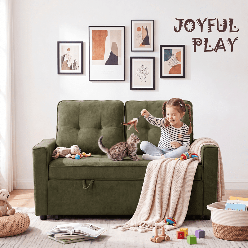 Gewnee 53" Sofa Bed, 3 in 1 Convertible Loveseat Sleeper Sofa, Pull Out Couch with USB Port, Futon Sofa Bed with Storage Pockets for Small Spaces, Teddy Fabric,Green