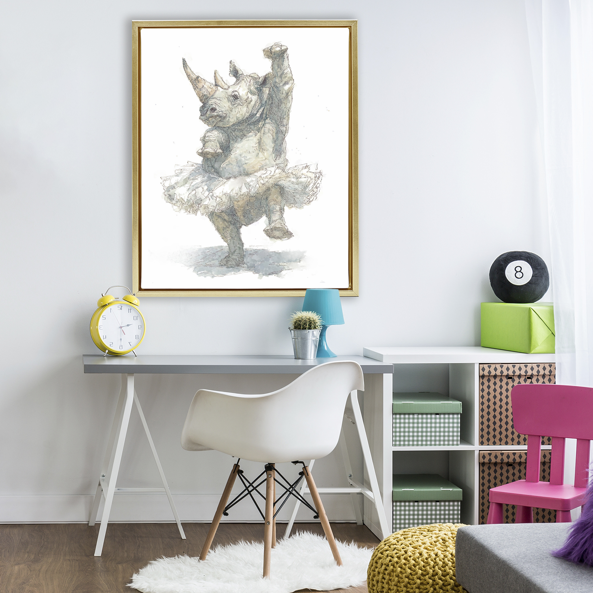 Ballet Rhino Tutu Gold Framed Floater Canvas Wall Art, design by Ziwei Li
