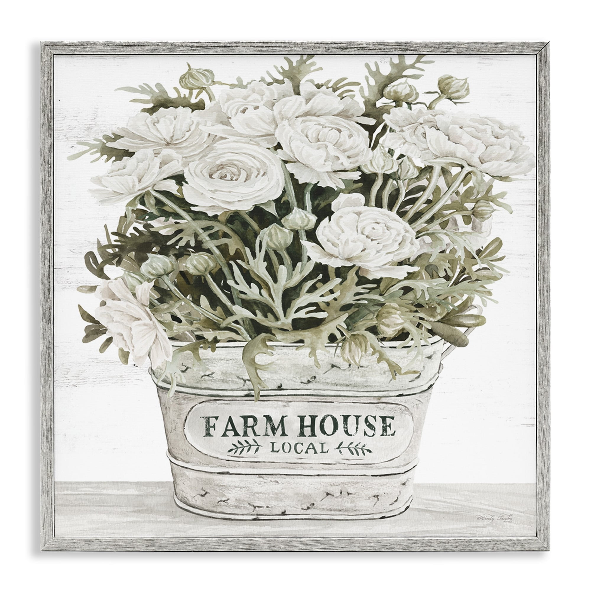 Stupell Industries Farmhouse Planter White Rose Blossoms Rustic Table Painting Gray Framed Art Print Wall Art, Design by Cindy Jacobs