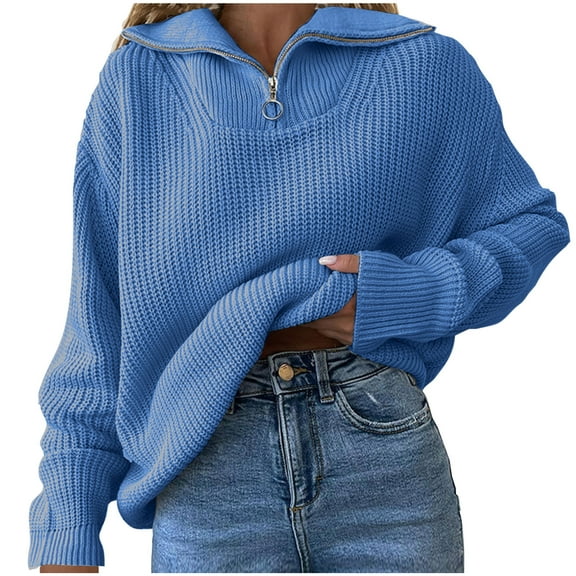 ShomPort Womens Knit Pullover Tops Quarter Zipper Sweaters Casual Solid Color Long Sleeve Sweater Knitwear