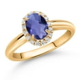 thumbnail image 2 of Gem Stone King 10K Yellow Gold Blue Iolite and White Lab Grown Diamond Halo Engagement Ring for Women (0.78 Cttw, Gemstone, Oval Checkerboard 7X5MM, Size 9), 2 of 4