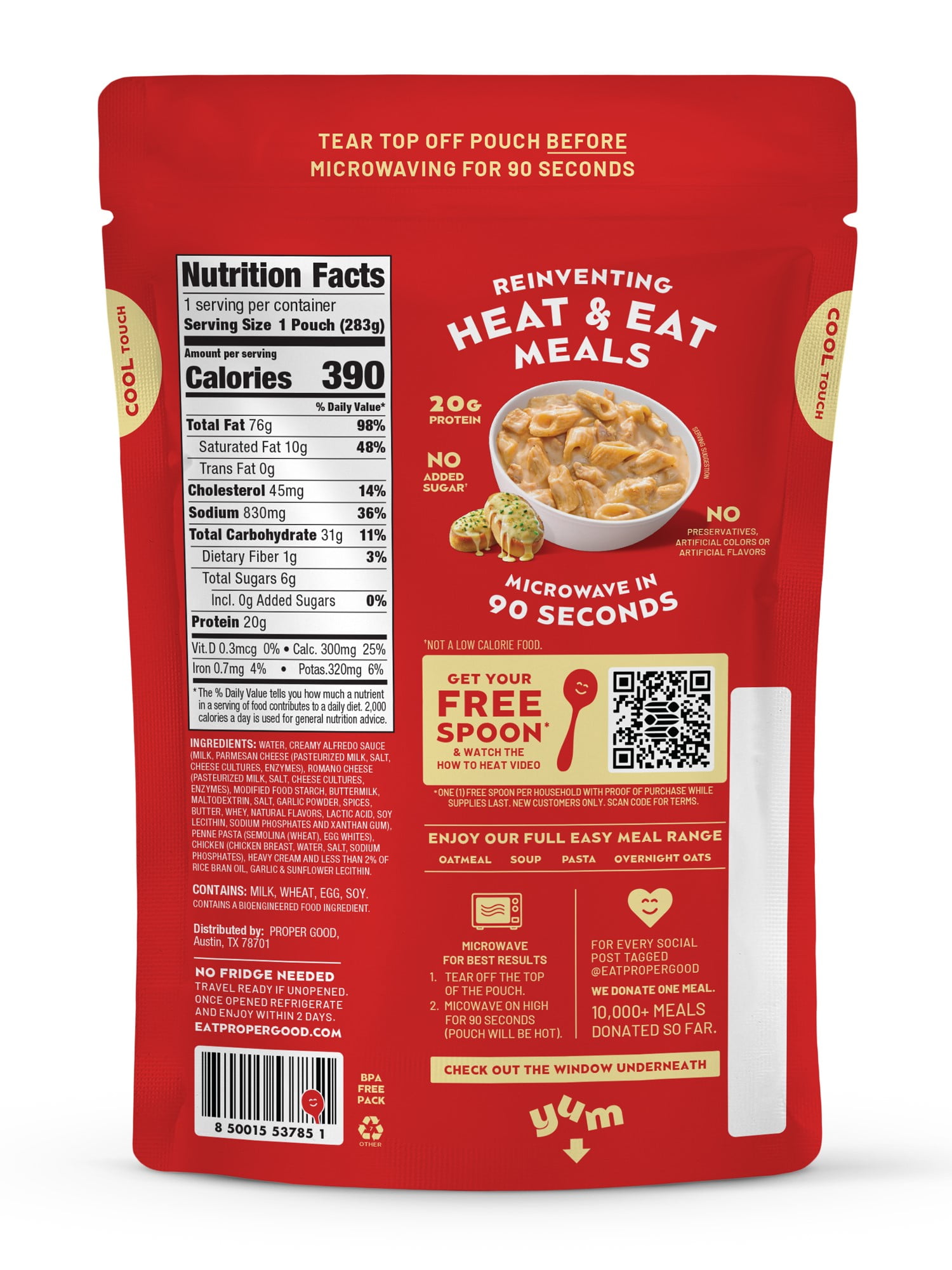 (6 pack) Proper Good Chicken Alfredo Pasta, Ready in 90 Seconds, Shelf Stable Meal, 10 oz