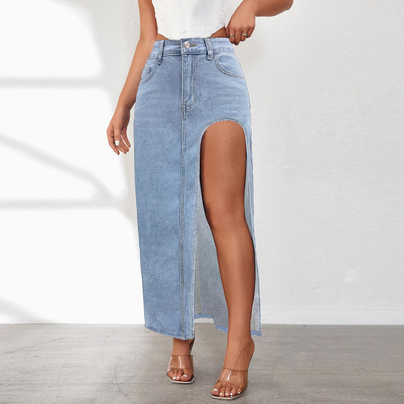 WTOBBY Women's High Slit Denim Skirt Side Split Design Stretch
