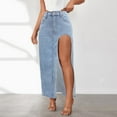 thumbnail image 2 of WTOBBY Women's High Slit Denim Skirt Side Split Design Stretch High Waist Bodycon Pencil Skirt Mid Length Light Wash Summer Casual,Light Blue S, 2 of 5