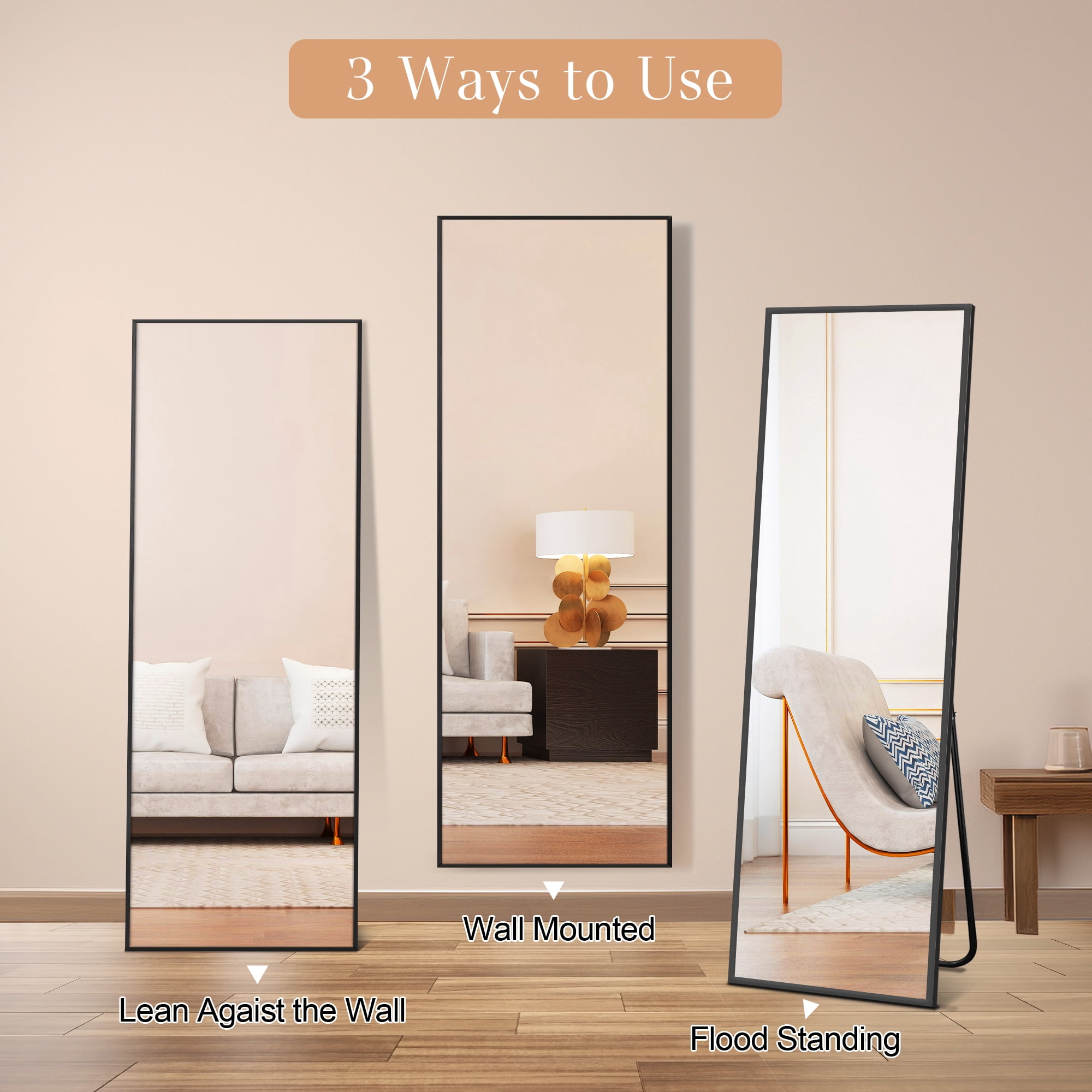 MAYEERTY Freestanding Full Length Mirror with Stand, Aluminum Alloy Floor Mirror Wall Mounted for Bedroom Living Room, 58x18in, Black