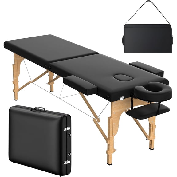 PEXMOR Portable Massage Table, 84" x 24 Inch Height Adjustable 2-Fold Wooden Bed with Face Cradle & Carry Bag for Spa Lash Tattoo, Black