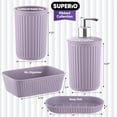 thumbnail image 2 of Decorative Plastic Bathroom Accessories Set, Lilac Purple (Set of 4) Soap Dish, Liquid Dispenser, Toothbrush Holder Cup, Vanity Organizer Tray - Bath Accessory Countertop Decor Gift - Ribbed Design, 2 of 7