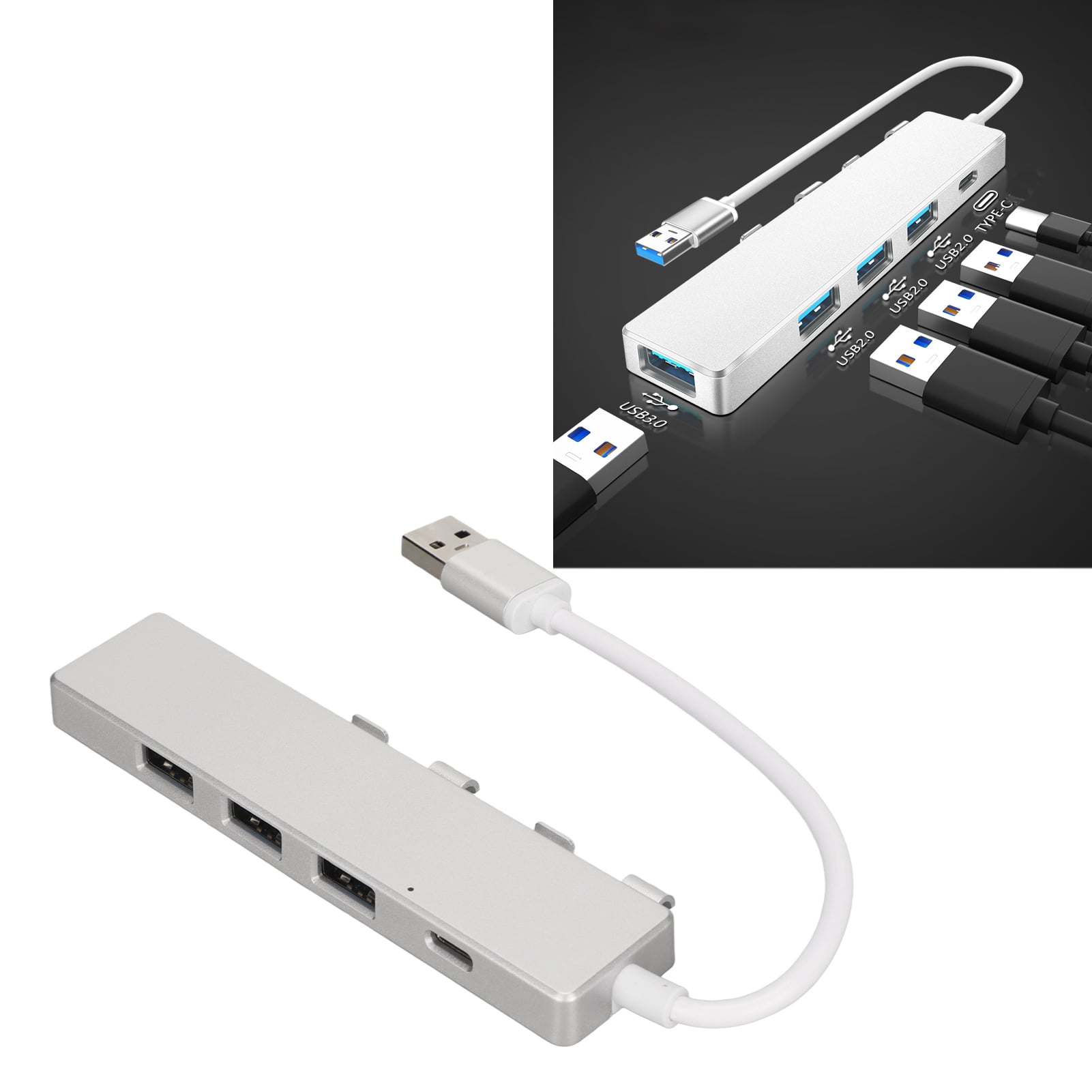 USB Hub, USB 3.0 Hub Four Ports 1xUSB3.0 Port Portable  for Laptop Silver,Grey