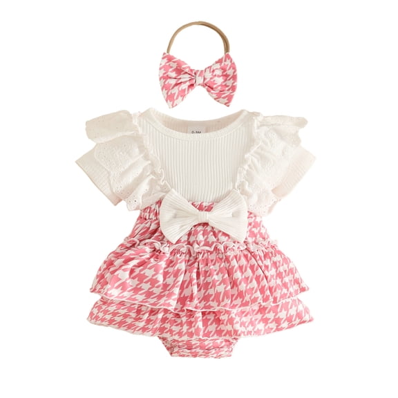 Nafuu Girls Bodysuits Bow Ribbed Crew Neck Short Sleeve Plaid Prints Romper Bodysuit Lovely Vacation Baby Girl Onesies,Pink,9-12 Months