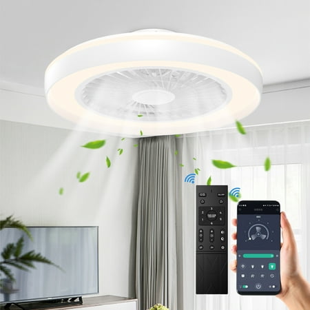XAUJIX 19in White Modern LED Flush Mount Ceiling Fan With Remote Control