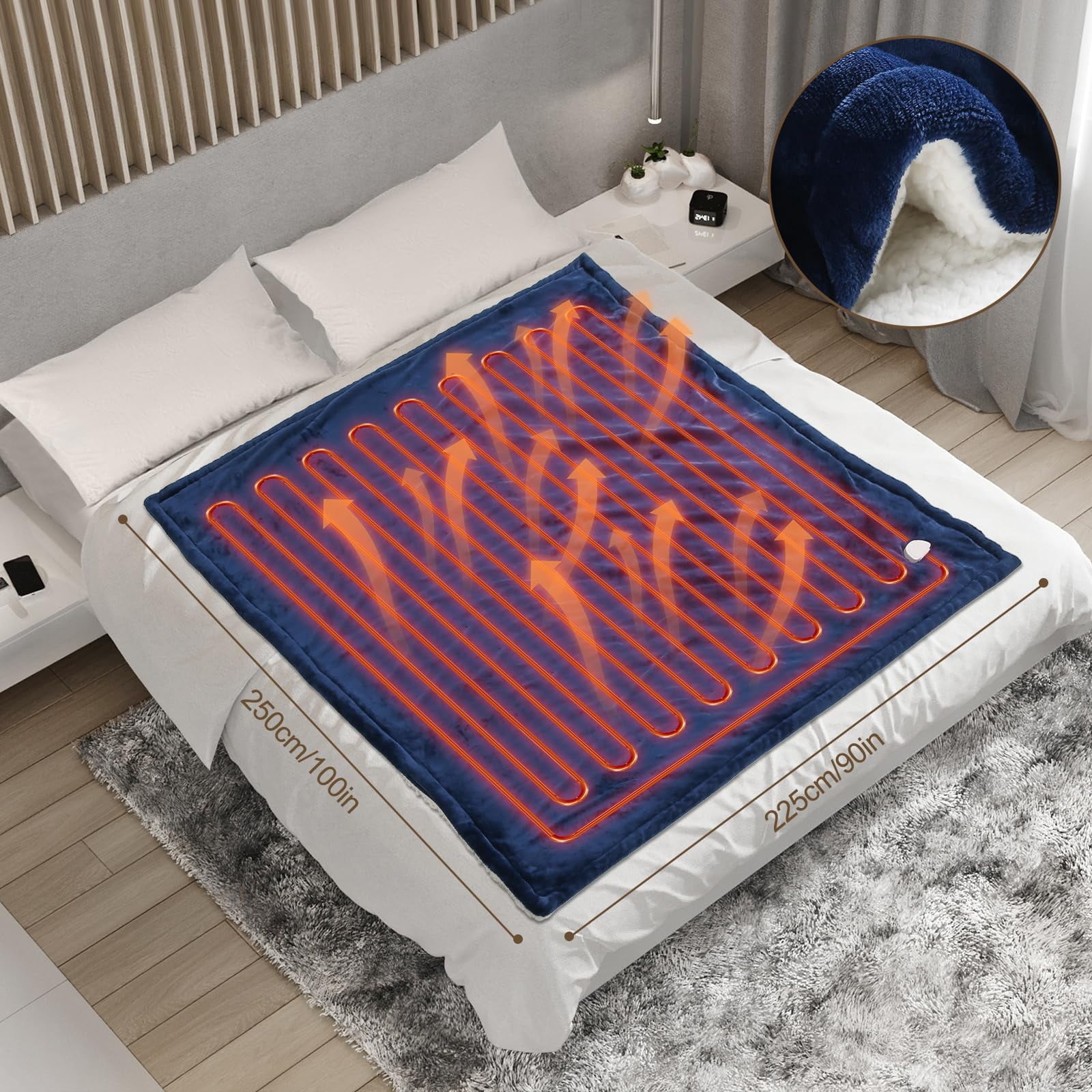 Onemag Electric Heated Blanket King Size 90x100 inches, 6 Heat Settings & 1-10 Hour Auto Shut-off, Machine Washable Soft Flannel Blanket for Home Use, Blue
