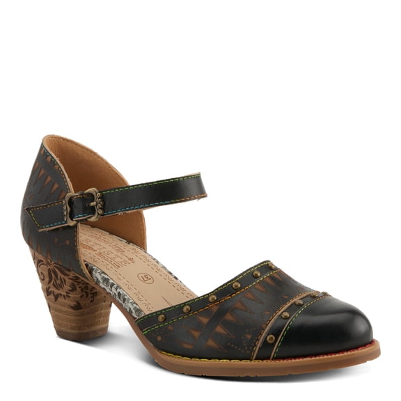 L'Artiste Women's NIOBELLA Hand-Painted Hook-and-Loop Mary Jane – Geometric Design, Decorative Buckle, Faux Stacked Heel
