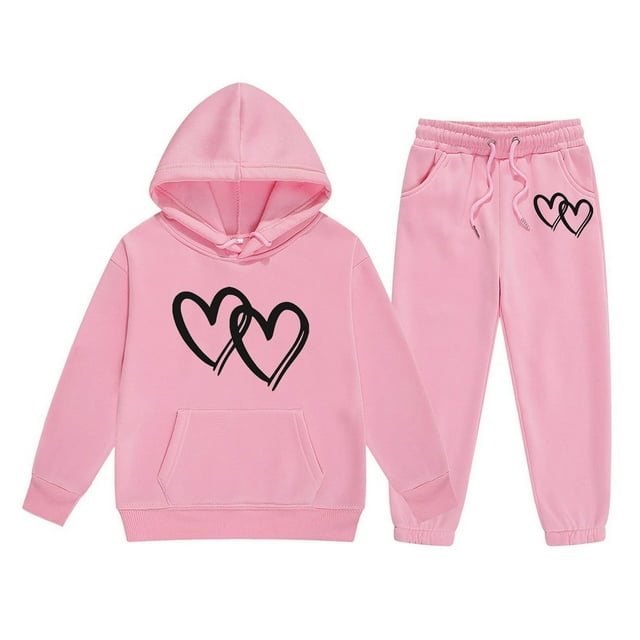 MEZZALL Heart Pattern Children Kids Long Sleeve Letter Print Outfits Hoodie Trousers Set Pullover Sweatshirt Long Pants Tracksuits Sweatsuit Relaxed Fit Toddler Dailywear, Pink, 12-13 Years