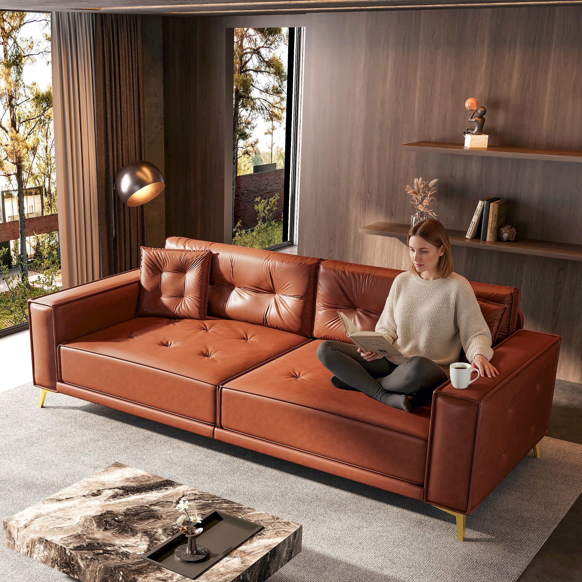 LLappuil King Size Pull Out Sofa Bed, Oversized Faux Leather 4 Seat Sofa Convertible Sleeper Sofa Bed Light Brown