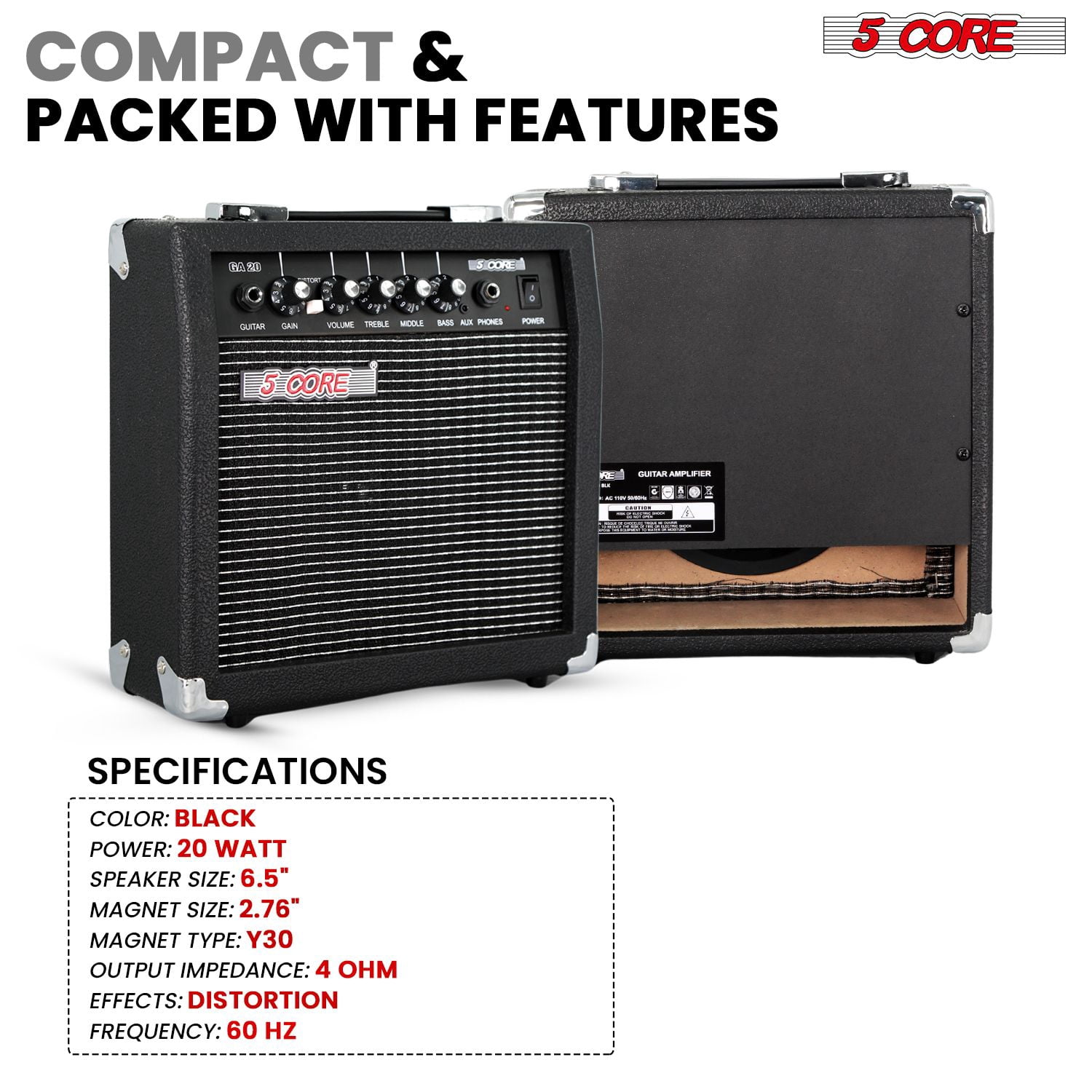 Guitar Amp 20W Electric Portable Mini Amplifier w Built in 6.5" Speaker Aux Headphone Jack