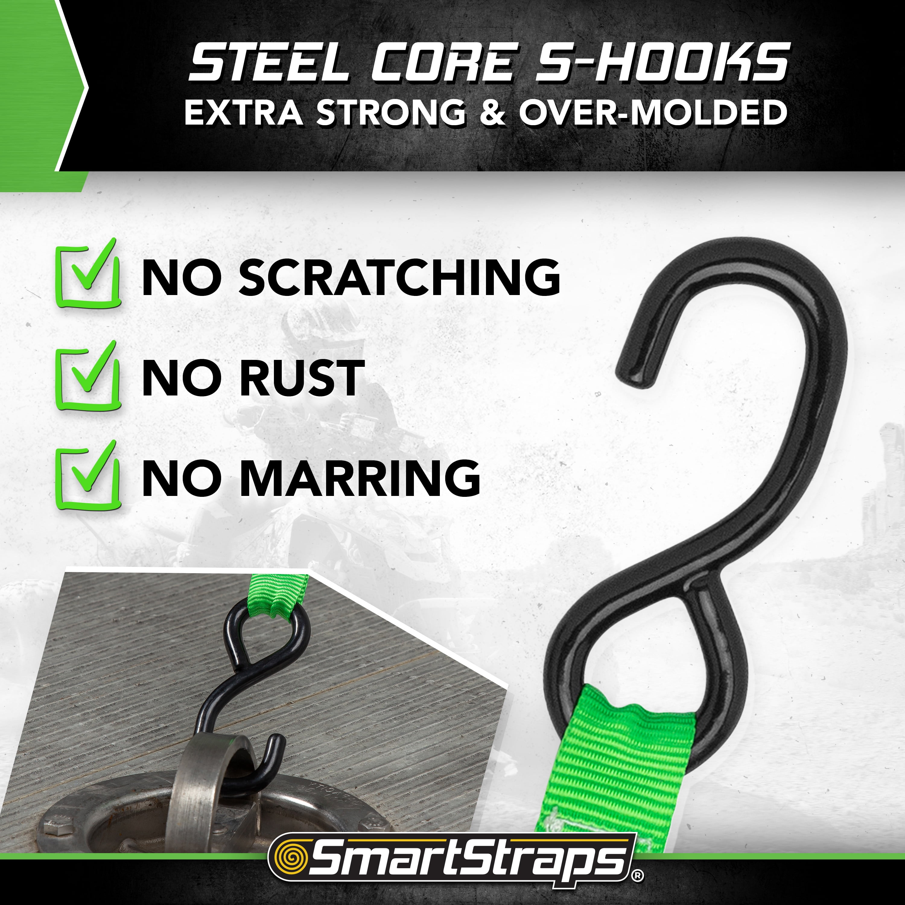 SmartStraps Retractable Ratchet Tie Down Straps, 1" x 6 ft, 500 lb Safe Work Load, 1,500 lb Break Strength, Green, 4-Pack