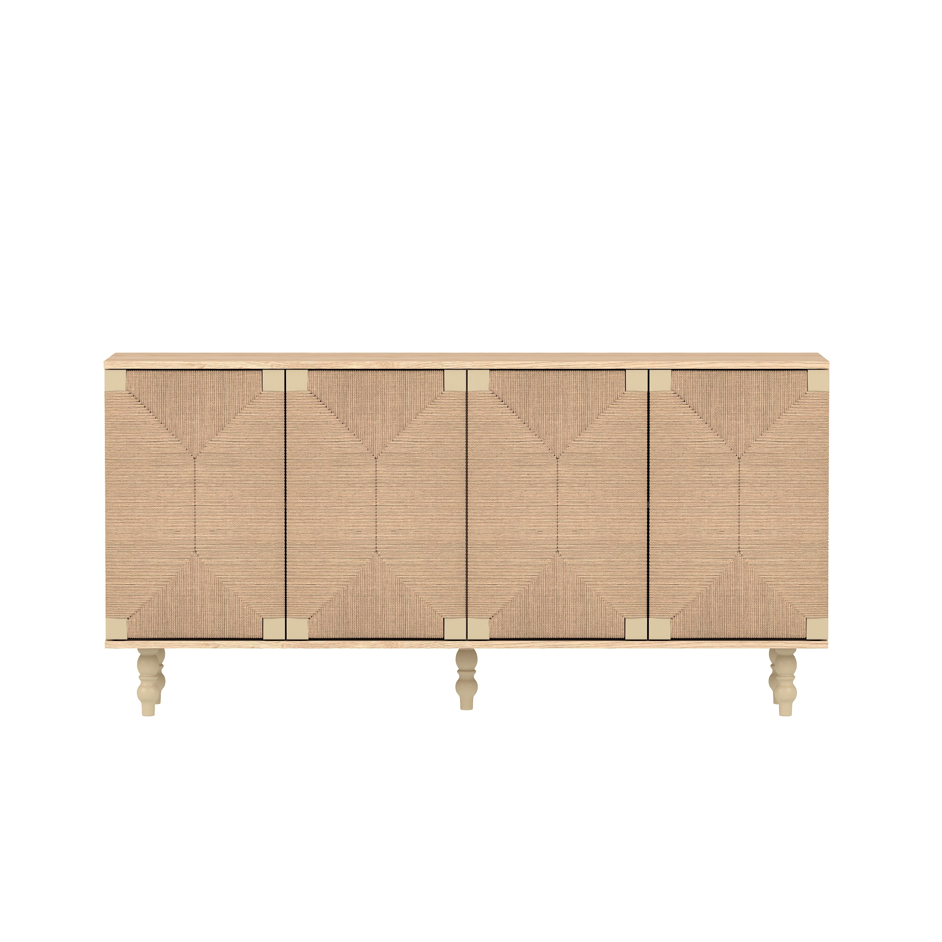 GARITIN Sideboard Buffet Cabinet, Accent Storage Wood TV Stand with Wire-Brushed Seagrass Doors, 4-Compartment Cabinet for Hallway Entryway Dining Room, Natural+Rustic