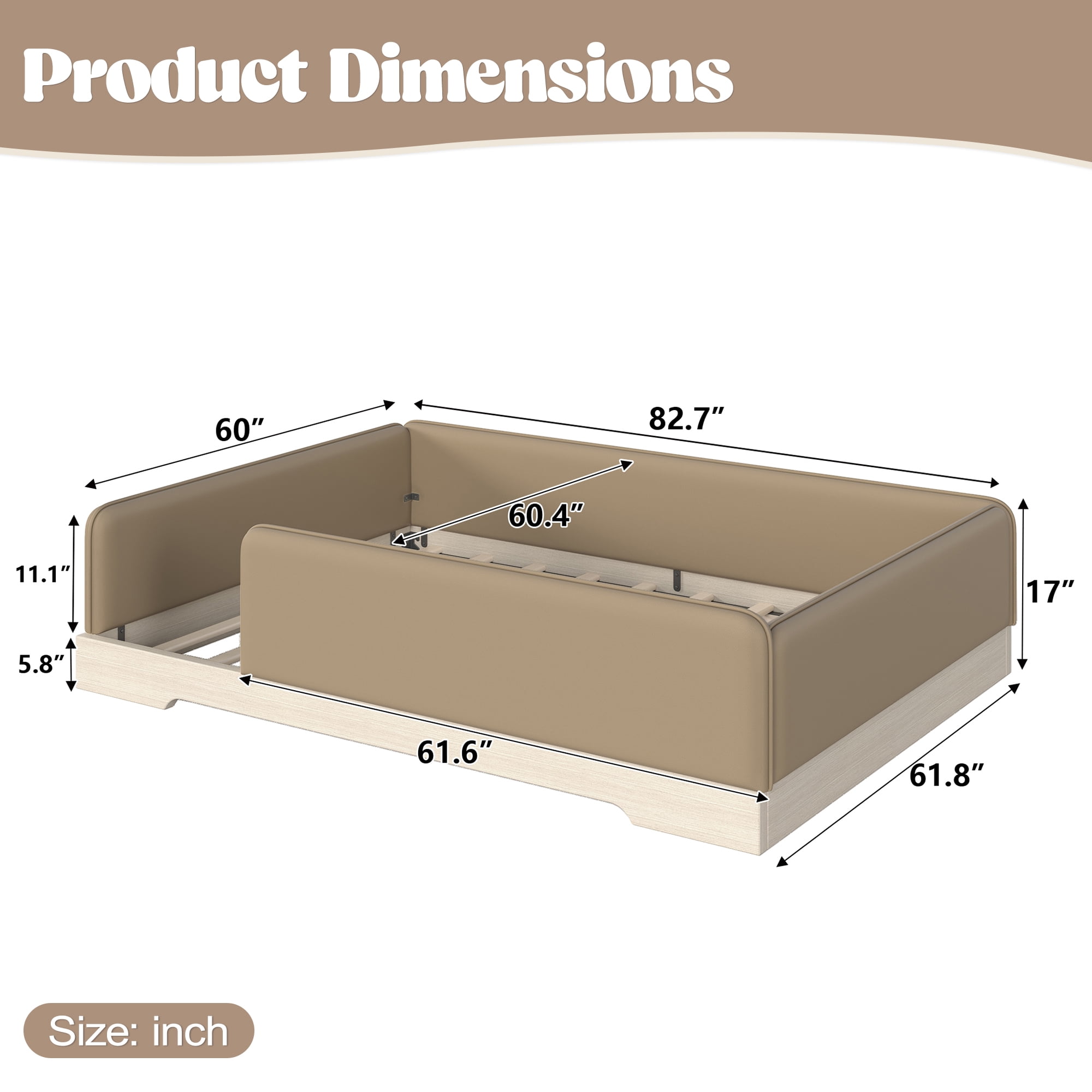 Queen Upholstered Floor Bed 82.68 Inch, Faux Leather Montessori Bed with Removable Guardrails, Low Profile Platform Bed for Kids, Brown