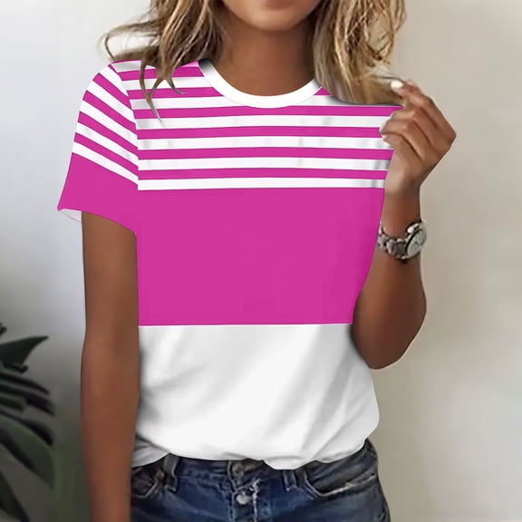 Craaazy Women's Casual Fitted Crew Neck Short Sleeve T-Shirt with Striped Print and Breathable Fabric for Work, Beach, and Casual Outings Gifts